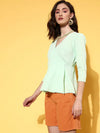 Women Mint Green V-Neck Wrap Peplum Top