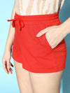 Women Red Terry Drawstring Shorts