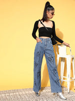 Women Blue Line-Art Print Straight Jeans