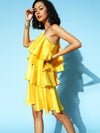 Women Yellow Satin One Shoulder Layered Short Dress