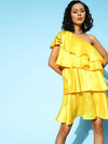 Women Yellow Satin One Shoulder Layered Short Dress