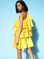 Women Yellow Satin One Shoulder Layered Short Dress