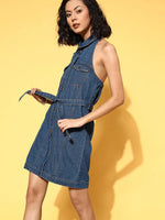 Women Blue Halter Collar Neck Denim Dress