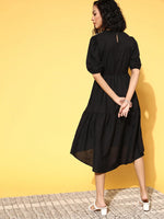 Women Black With White Big Schiffli Collar Tiered Dress