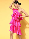 Women Fuchsia Satin One Shoulder Layered Short Dress