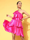 Women Fuchsia Satin One Shoulder Layered Short Dress