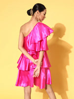 Women Fuchsia Satin One Shoulder Layered Short Dress