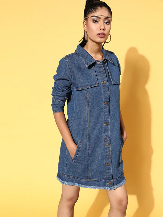 Women Blue Front Flap Denim Shirt Dress