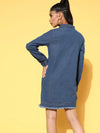 Women Blue Front Flap Denim Shirt Dress