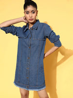 Women Blue Front Flap Denim Shirt Dress