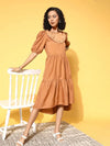 Women Brown With Brown Big Schiffli Collar Tiered Dress