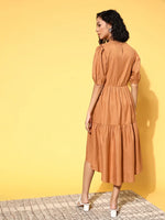 Women Brown With Brown Big Schiffli Collar Tiered Dress