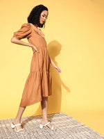 Women Brown With Brown Big Schiffli Collar Tiered Dress