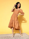 Women Brown With Brown Big Schiffli Collar Tiered Dress