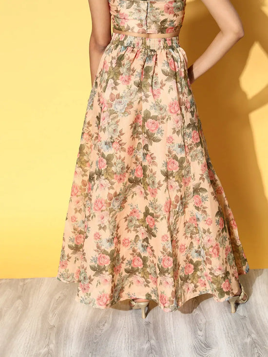 Women Beige Floral Pocket Anarkali Skirt