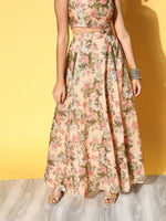 Women Beige Floral Pocket Anarkali Skirt