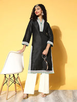 Women Black Contrast Lace Detail Straight Kurta