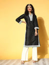 Women Black Contrast Lace Detail Straight Kurta