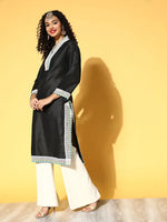 Women Black Contrast Lace Detail Straight Kurta