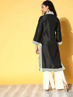 Women Black Contrast Lace Detail Straight Kurta