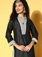 Women Black Contrast Lace Detail Straight Kurta