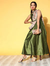 Women Olive Anarkali Maxi With Beige Floral Drape Dupatta