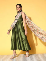 Women Olive Anarkali Maxi With Beige Floral Drape Dupatta