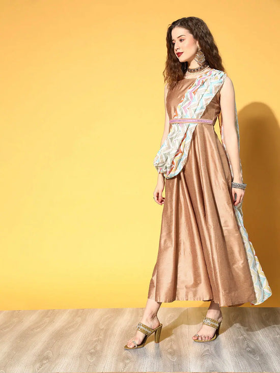 Women Beige Anarkali Maxi With Multi Stripe Drape Dupatta