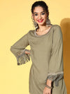 Women Olive Zari Embroidered Fringe Lace Short Kurta