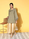 Women Olive Zari Embroidered Fringe Lace Short Kurta