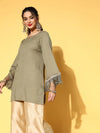 Women Olive Zari Embroidered Fringe Lace Short Kurta