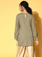 Women Olive Zari Embroidered Fringe Lace Short Kurta