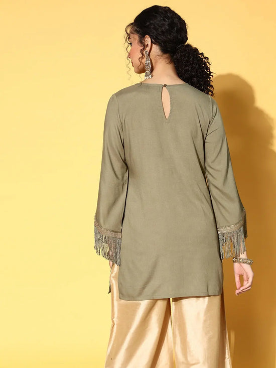 Women Olive Zari Embroidered Fringe Lace Short Kurta