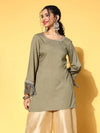 Women Olive Zari Embroidered Fringe Lace Short Kurta