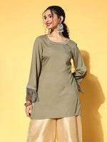 Women Olive Zari Embroidered Fringe Lace Short Kurta