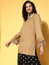 Women Brown Zari Embroidered Fringe Lace Short Kurta