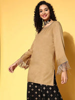 Women Brown Zari Embroidered Fringe Lace Short Kurta