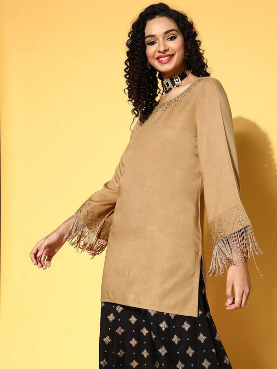 Women Brown Zari Embroidered Fringe Lace Short Kurta