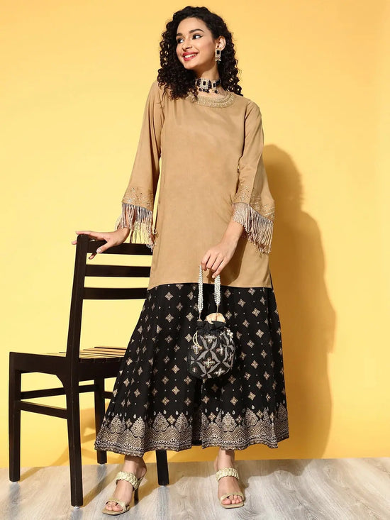 Women Brown Zari Embroidered Fringe Lace Short Kurta