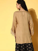 Women Brown Zari Embroidered Fringe Lace Short Kurta