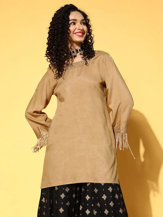 Women Brown Zari Embroidered Fringe Lace Short Kurta