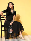 Women Black Embroidered V-Neck Anarkali Dress