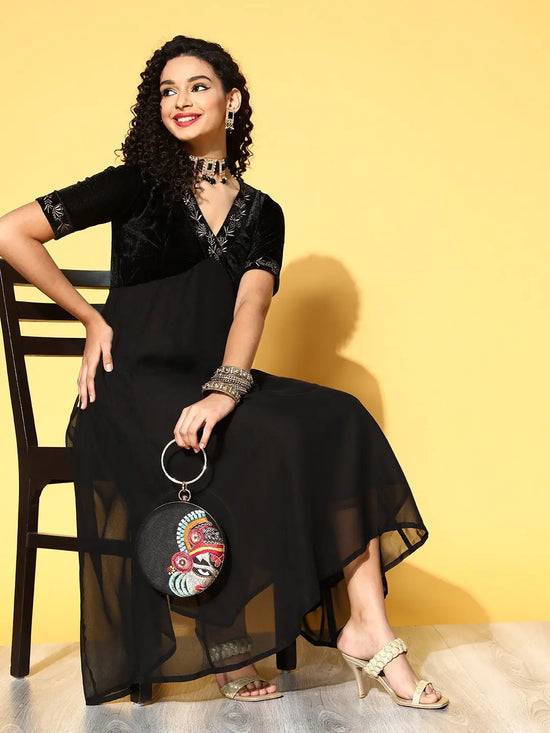 Women Black Embroidered V-Neck Anarkali Dress