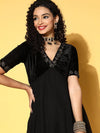 Women Black Embroidered V-Neck Anarkali Dress