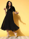 Women Black Embroidered V-Neck Anarkali Dress