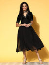 Women Black Embroidered V-Neck Anarkali Dress