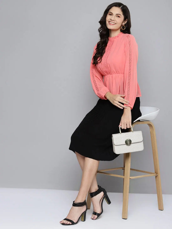 Women Dark Peach Balloon Sleeve Peplum Top