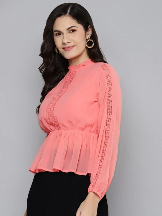 Women Dark Peach Balloon Sleeve Peplum Top