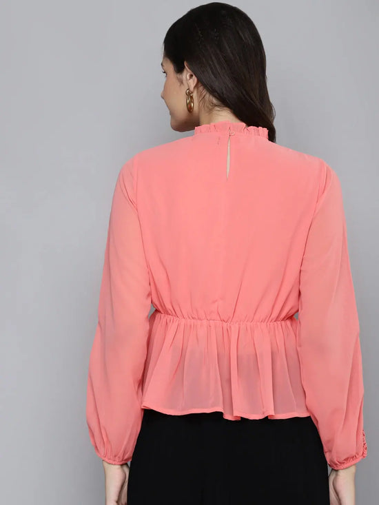 Women Dark Peach Balloon Sleeve Peplum Top