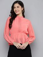 Women Dark Peach Balloon Sleeve Peplum Top